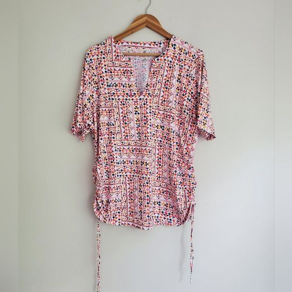 Lands' End colorful nylon spandex short sleeve v neck top size 1X - Picture 1 of 9